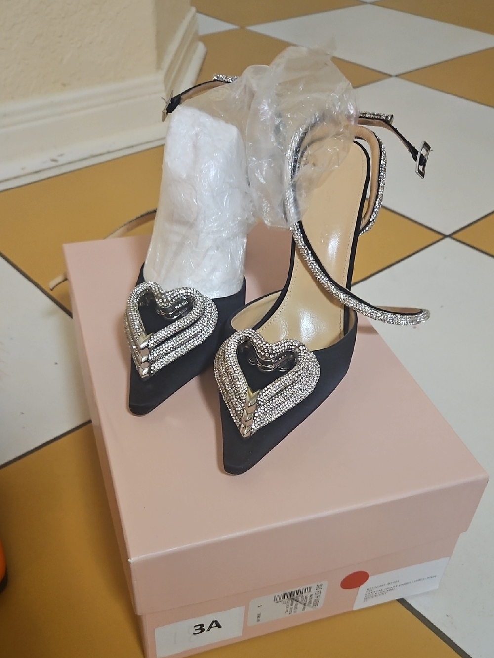 MACH & MACH Black Satin Pointed Heels with Crystal Heart Motif
